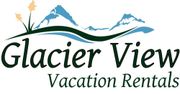 Logo for Glacier View Vacation Rentals with blue mountains, a wavy green landscape line, and dark green text.
