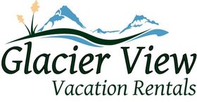 Logo for Glacier View Vacation Rentals with blue mountains, a wavy green landscape line, and dark green text.
