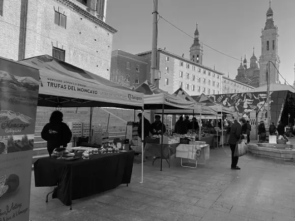Puestos de mercado en Zaragoza, España. La gente mira productos bajo las carpas, con edificios al fondo.