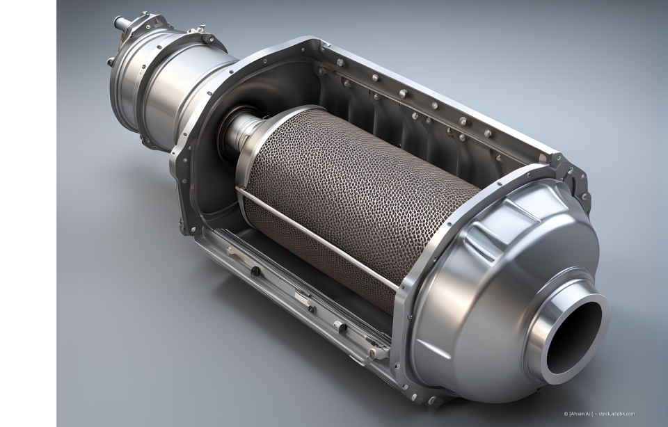 Schnittansicht eines zylindrischen Katalysators. Im Inneren befindet sich ein grauer Wabenkern, der von einem Metallgehäuse umschlossen ist.