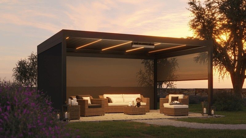 Patio al aire libre con asientos bajo una pérgola moderna al atardecer, con iluminación ambiental y pantallas de sombra.