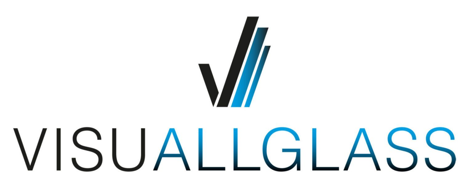 Logo for VISUALLGLASS. Black and blue graphic above text, "VISUALLGLASS". 