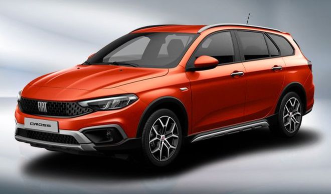 SUV Fiat Tipo Cross orange sur fond gris clair.