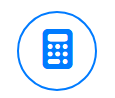 Un icono de calculadora azul en un círculo azul sobre un fondo blanco.