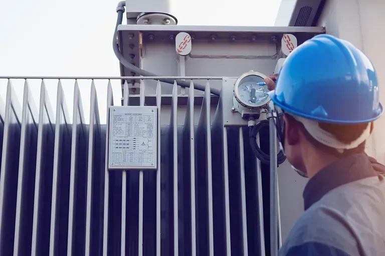 Un hombre que lleva un casco azul está trabajando en un transformador.