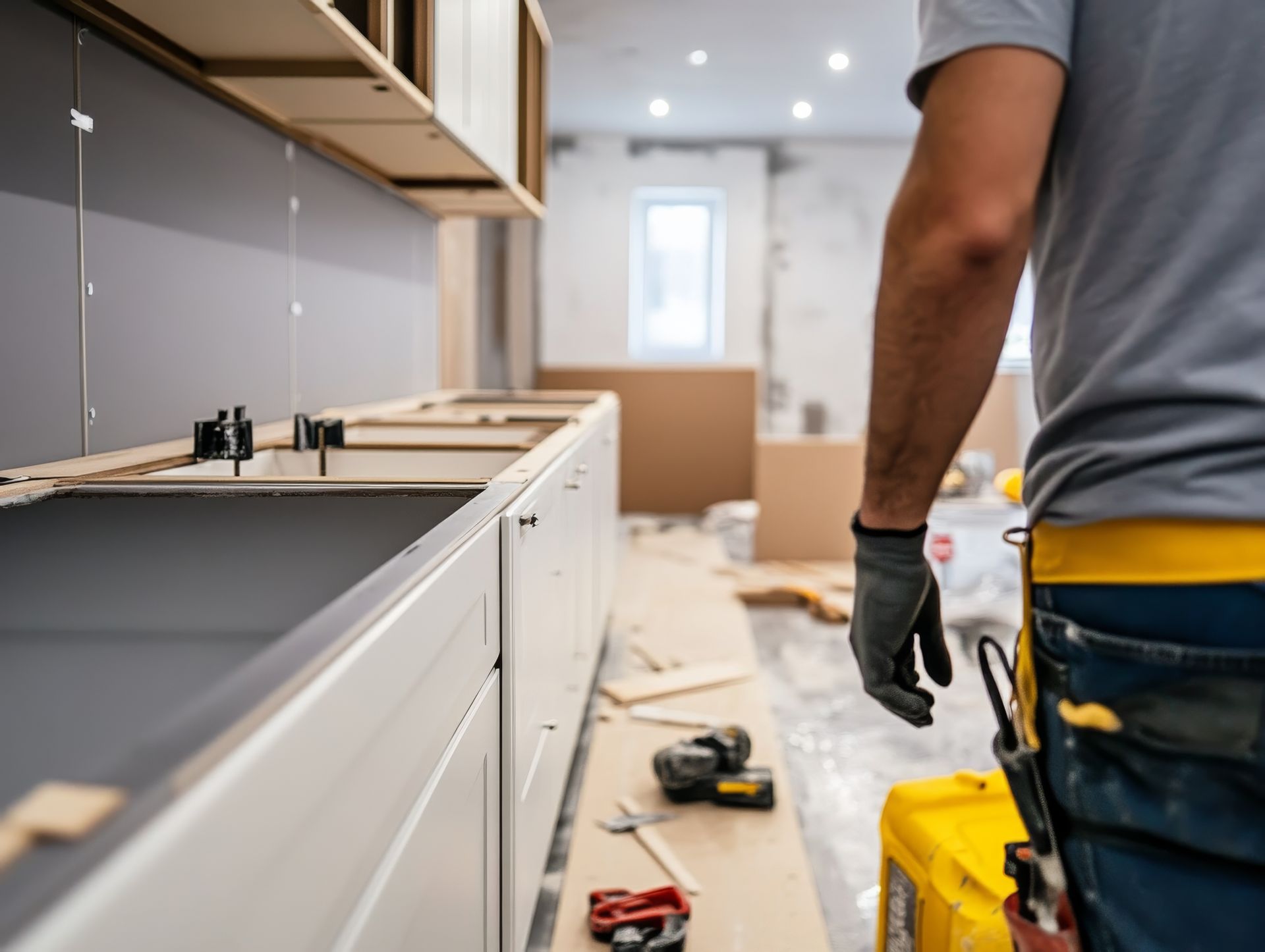Un homme installe des meubles de cuisine