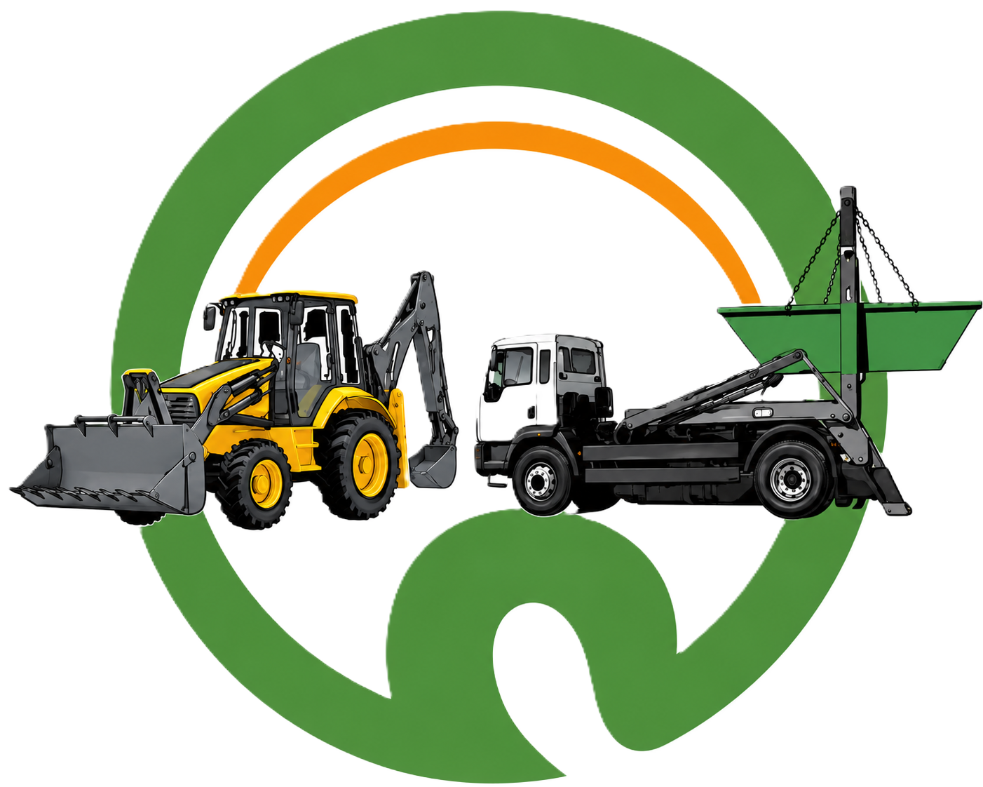 Logotipo verde y naranja con una retroexcavadora amarilla y un cami&oacute;n negro que transporta un contenedor de basura verde.