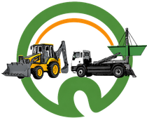 Logotipo verde y naranja con una retroexcavadora amarilla y un cami&oacute;n negro que transporta un contenedor de basura verde.