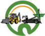 Logotipo verde y naranja con una retroexcavadora amarilla y un cami&oacute;n negro que transporta un contenedor de basura verde.