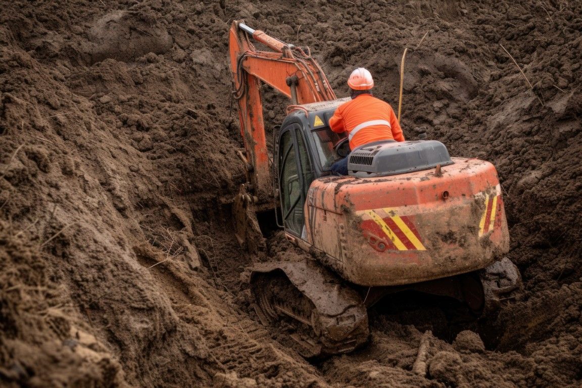 Excavadora naranja cavando en una zanja fangosa, vista desde atrás en una pendiente de tierra pronunciada.