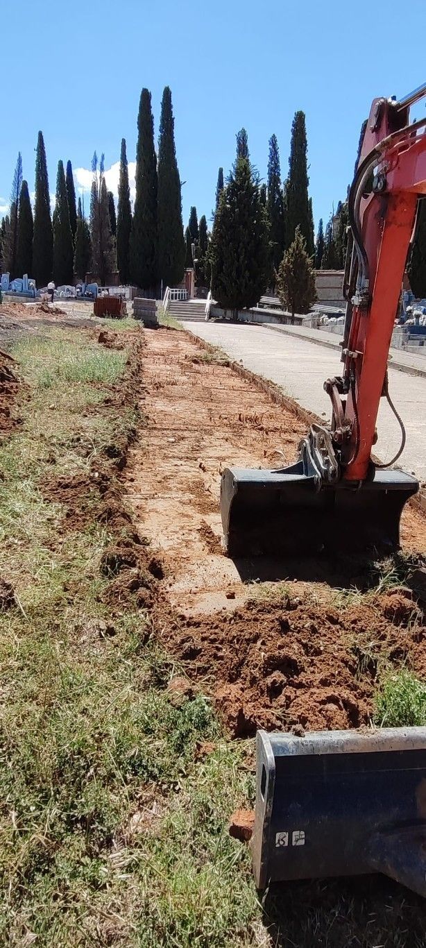 Una excavadora cava una zanja al borde de una carretera junto a unos árboles en un día soleado.