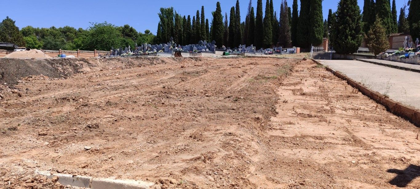 Terreno despejado junto a una acera, con árboles y coches aparcados al fondo.