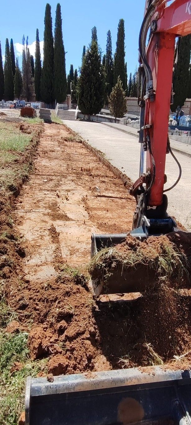 Una excavadora está removiendo tierra junto a una carretera bordeada de árboles altos y una acera.