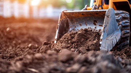 La pala de una excavadora está removiendo tierra marrón en una obra de construcción, con montones de tierra en primer plano.