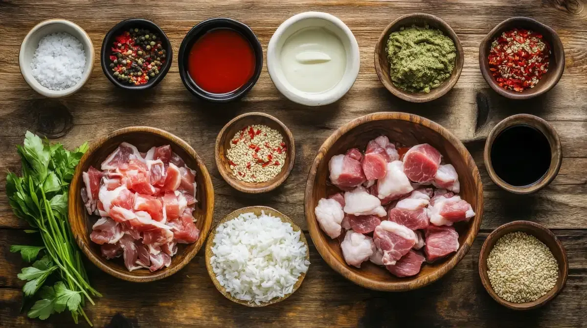 Vista aérea de varios ingredientes en tazones sobre una superficie de madera, incluida carne, especias y salsas.