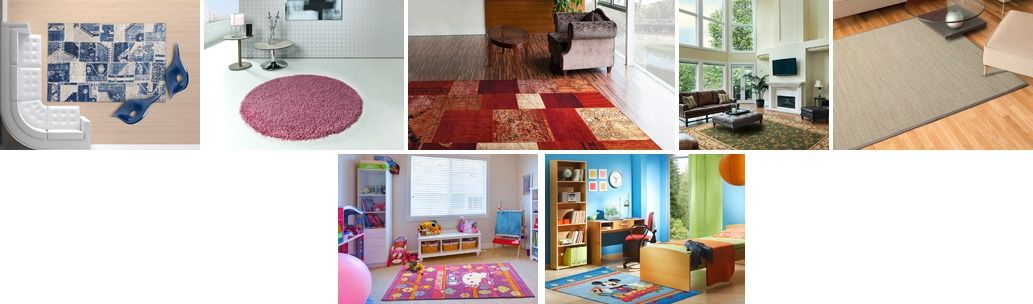 Un collage de imágenes de diferentes tipos de alfombras en diferentes habitaciones.