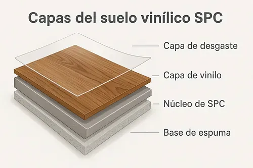 Diagrama de capas de pisos de vinilo SPC: capa de desgaste, capa de vinilo, núcleo SPC y base de espuma.