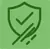 Escudo verde con marca de verificación, tachado por líneas angulares.