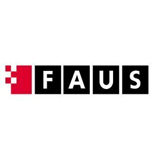 Logotipo de FAUS, en color negro, con un cuadrado rojo pixelado.
