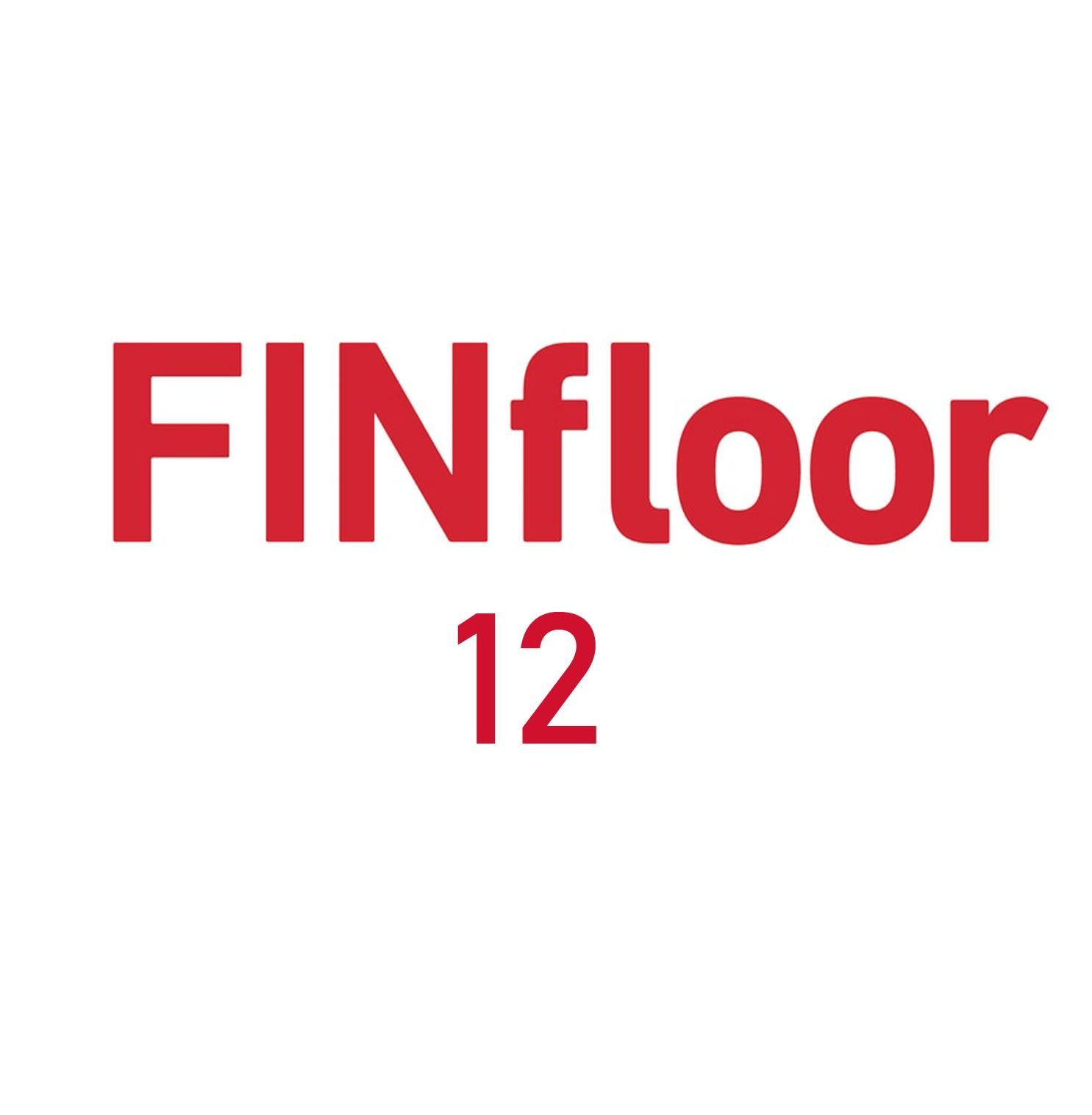 Logotipo de FINfloor 12 en texto rojo sobre fondo blanco.