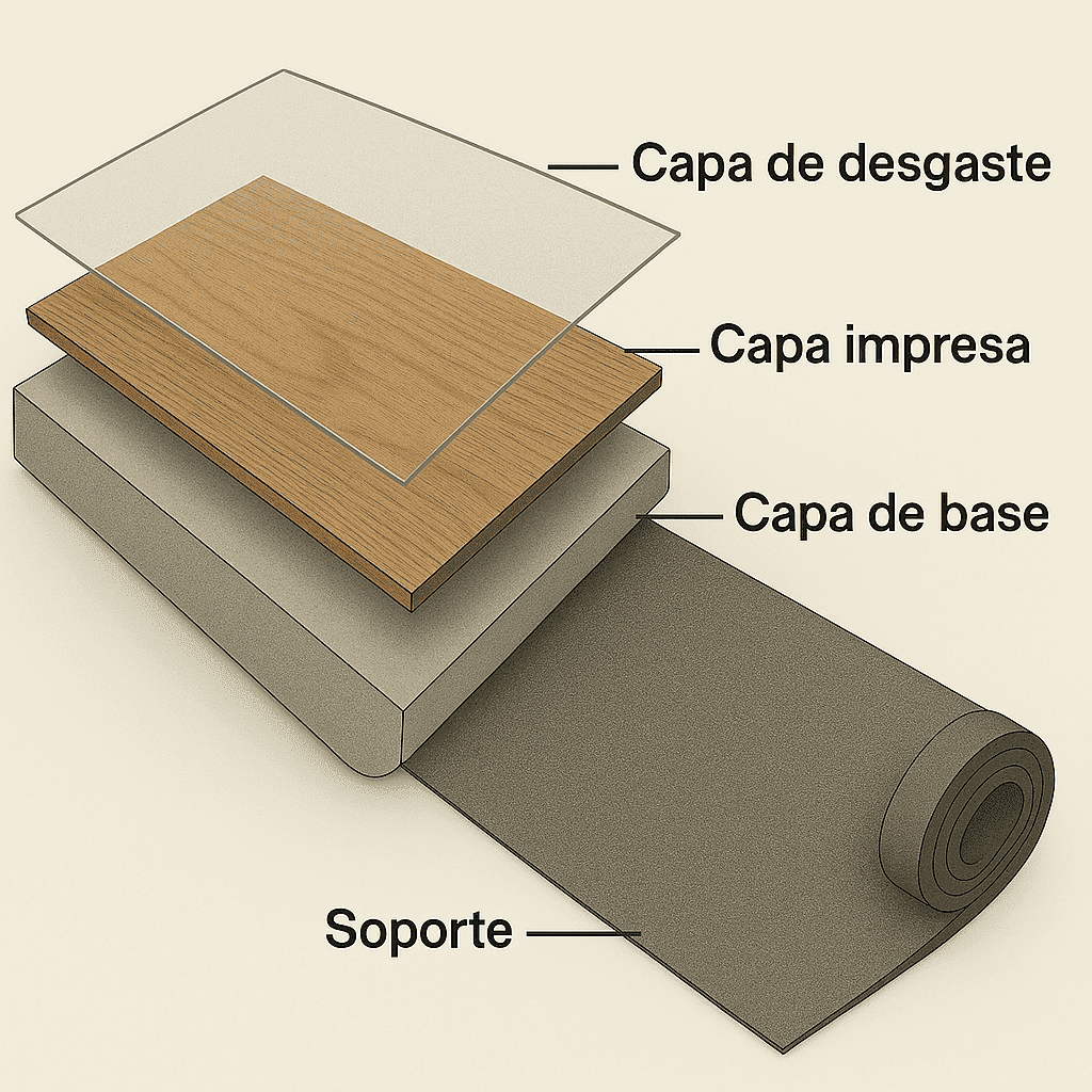 Diagrama de capas de piso: desgaste, impresa, base y soporte de respaldo.