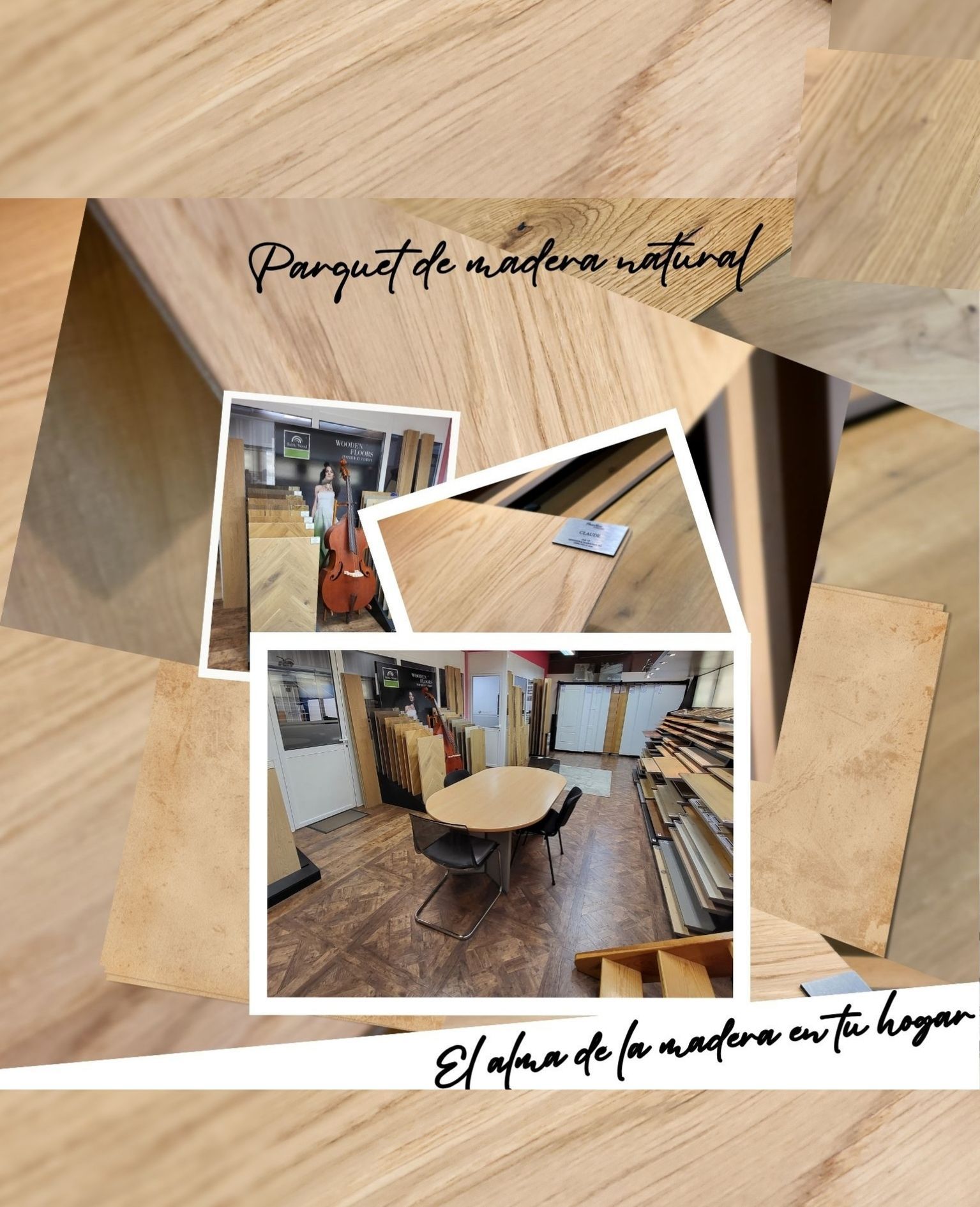 Un collage de imágenes de madera con las palabras parquet de madera natural.