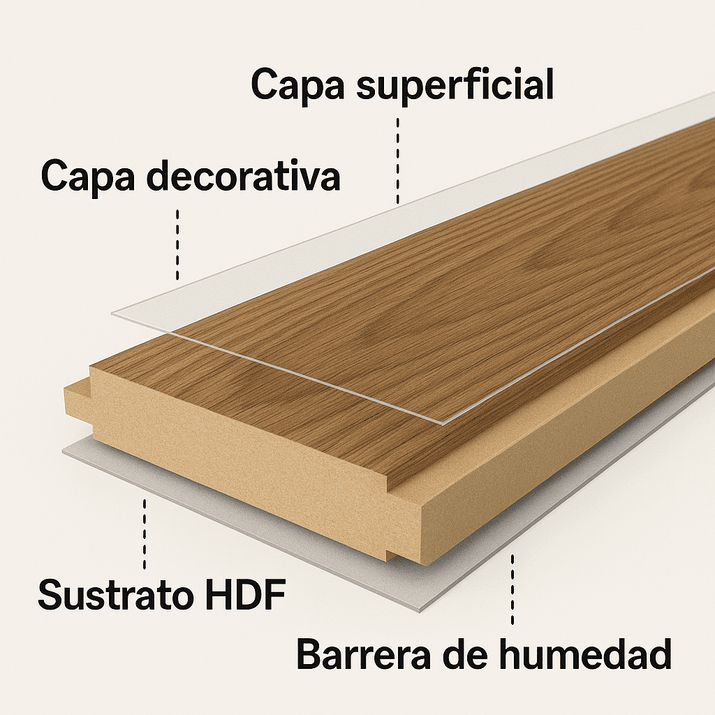 Diagrama de sección transversal de una tabla de piso de madera en capas: superficie superior, capa decorativa, sustrato HDF y barrera de humedad.