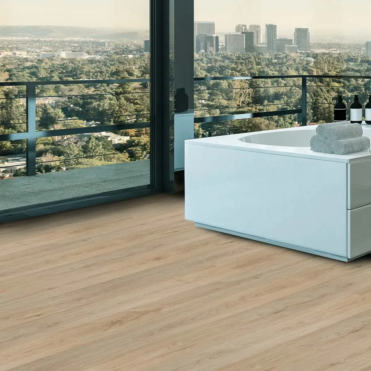 Suelo de veta de madera de color claro, patrón diagonal, con sutiles variaciones de color.