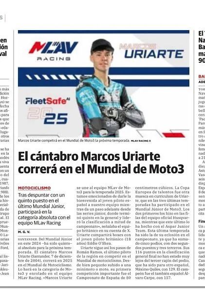 Un artículo de periódico sobre Marcos Uriarte en Moto3