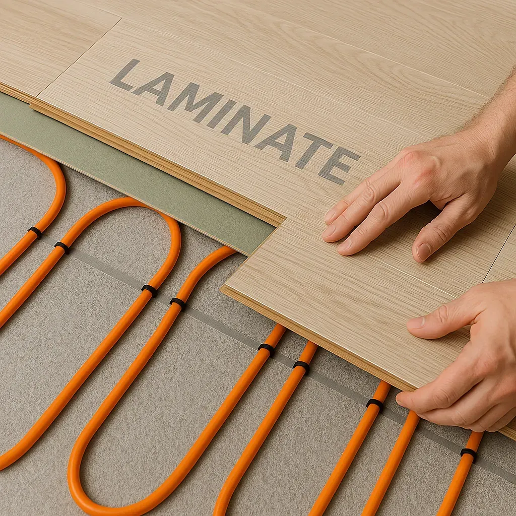 Instalación de suelo laminado sobre tubos de calefacción radiante, manos colocando una tabla.