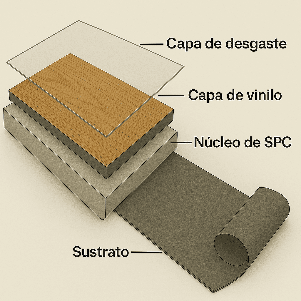 Diagrama de capas de piso SPC: capa de desgaste, capa de vinilo, núcleo SPC y capa base.