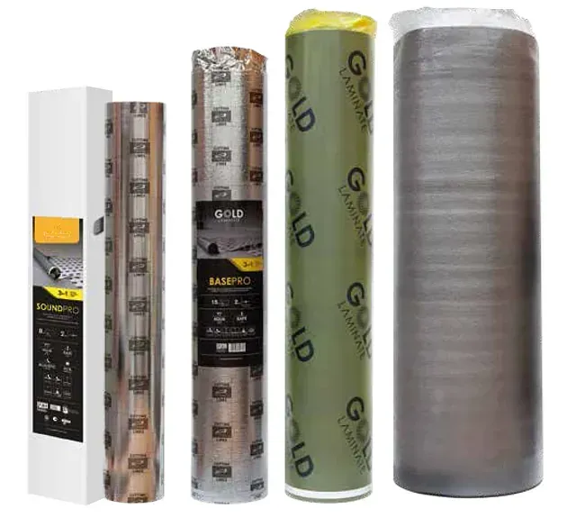 Cuatro rollos de base laminada en embalaje, en varios colores y materiales.