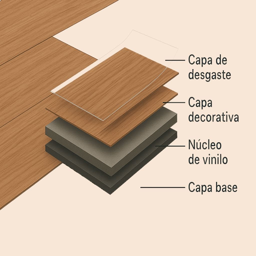Diagrama que muestra la construcción en capas de un piso de vinilo: capa de uso, capa decorativa, núcleo de vinilo, capa base.