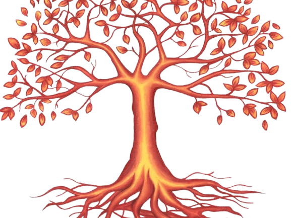 Oranger stylisé aux racines apparentes et aux nombreuses feuilles d'automne