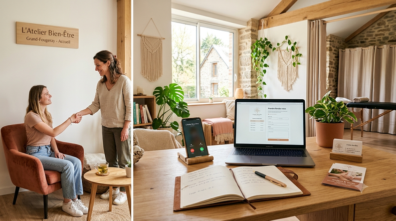 Deux femmes discutent dans un bureau confortable ; un ordinateur portable