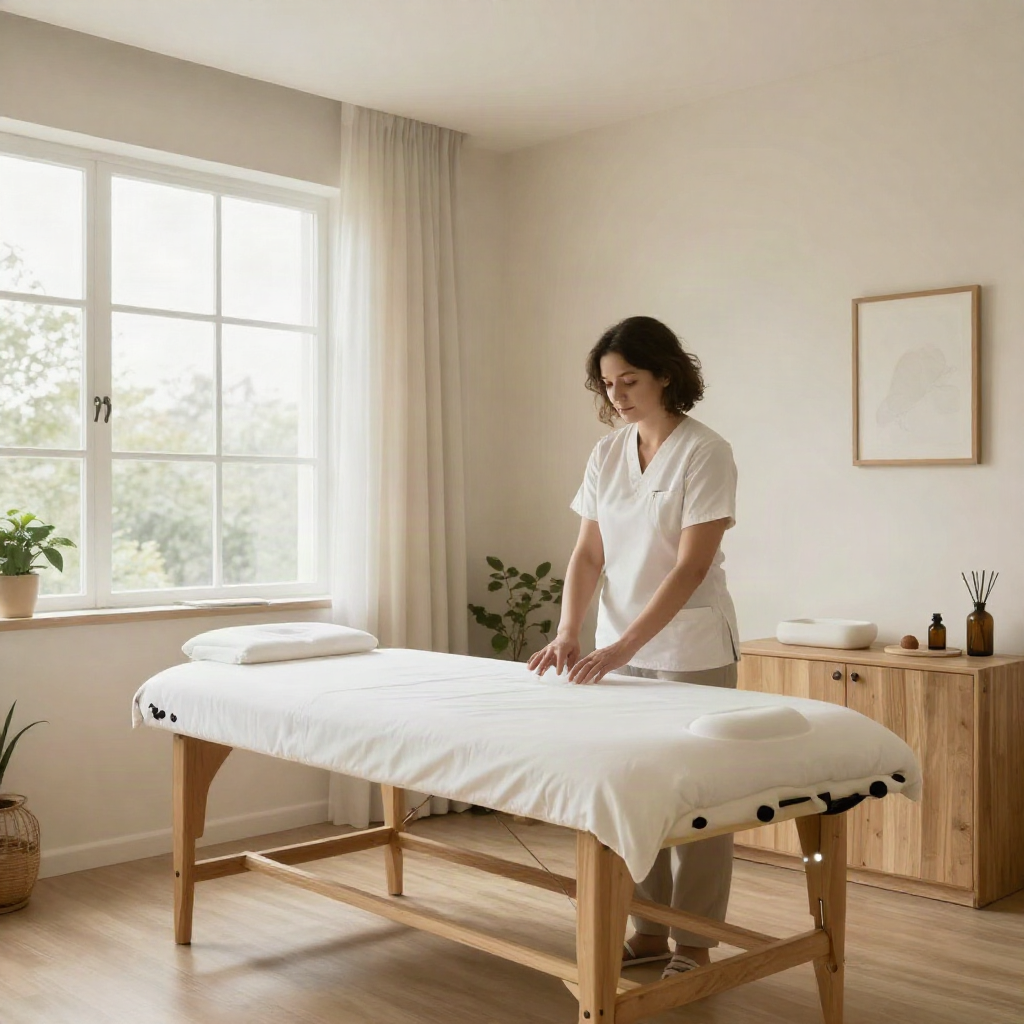Une masseuse prépare une table de massage dans une pièce lumineuse et minimaliste.