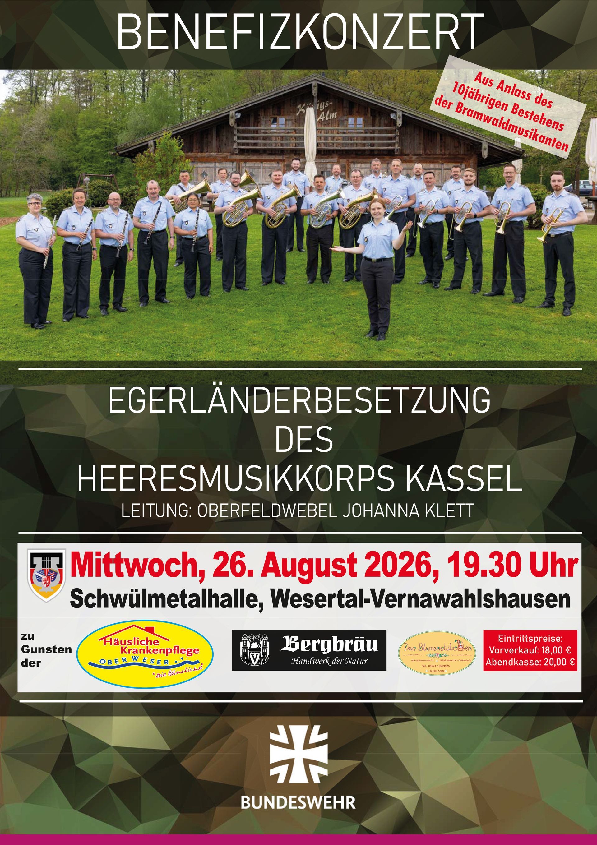 Flyer for a charity concert by the Heeresmusikkorps Kassel on August 26, 2026, at Schwülmetalhalle, Wesertal.