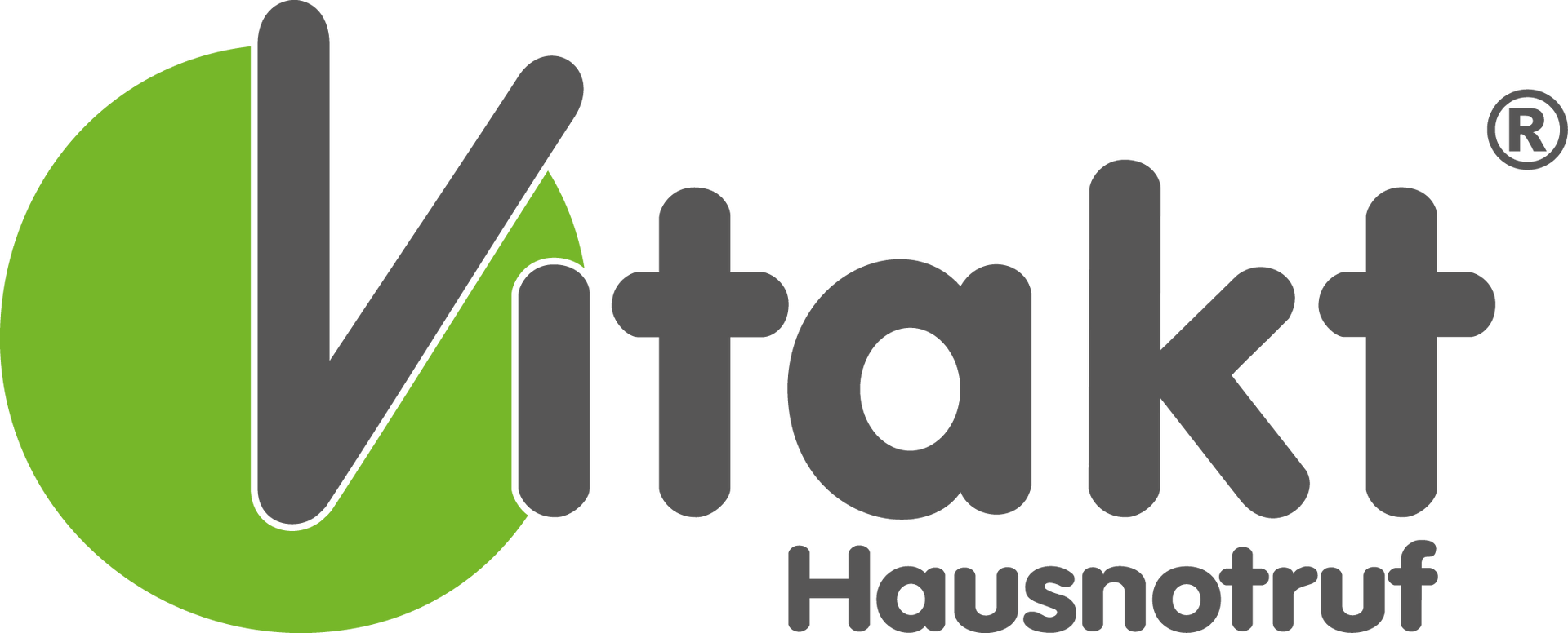 Logo mit dem Wort „Vitakt“ in grauer Schrift, links davon ein grüner Kreis und darunter „Hausnotruf“.