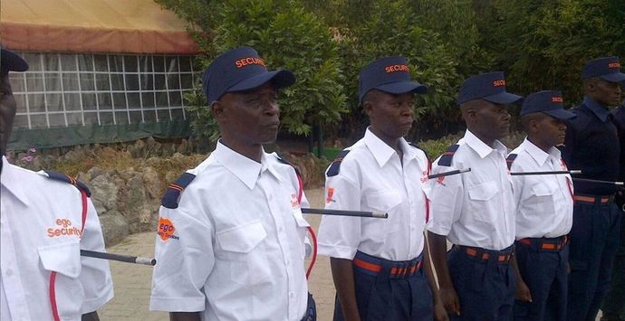 A group of security guards are standing in a line.