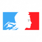 Silhouette d'une personne, bras tendu et visage visible, sur fond bleu et rouge, dans un carré.