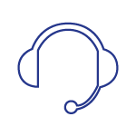 Contour bleu d'un casque avec microphone, symbolisant le support client ou la communication.