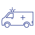Dessin au trait bleu d'une ambulance avec des gyrophares et un symbole de croix.