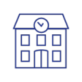 Contour bleu d'un bâtiment à deux étages avec une horloge, probablement une école.
