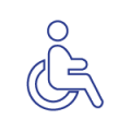 Personne assise dans un fauteuil roulant, entourée en bleu.