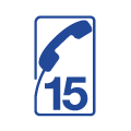 Combiné téléphonique bleu et numéro 15 sur fond blanc, numéro d'appel des services médicaux d'urgence.