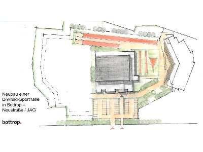 Eine Zeichnung eines Gebäudes mit vielen Gebäuden und Bäumen auf einem weißen Hintergrund.