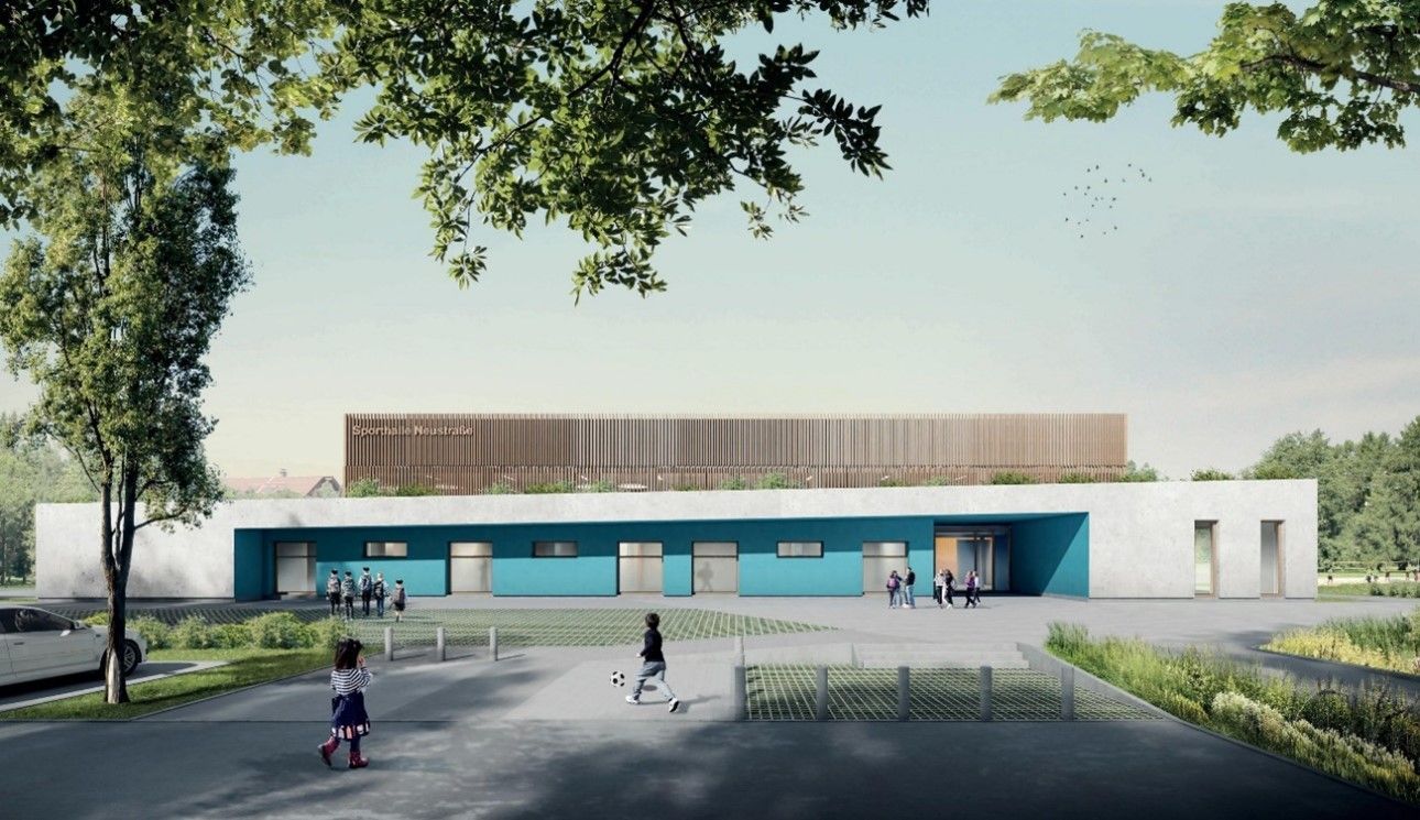 Eine künstlerische Darstellung eines Gebäudes mit blauem Dach.