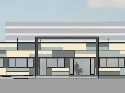 Eine Zeichnung eines Gebäudes, vor dem eine Familie steht.