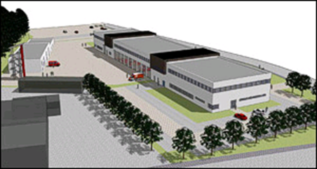 Eine Luftaufnahme eines Gebäudes mit davor geparkten Autos.