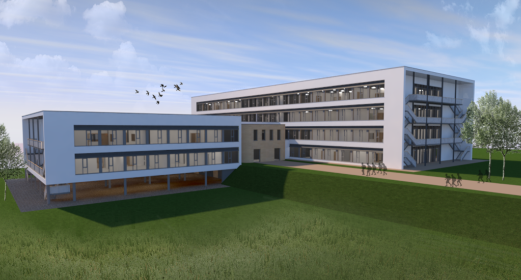 Eine künstlerische Darstellung eines großen Gebäudes mit vielen Fenstern.